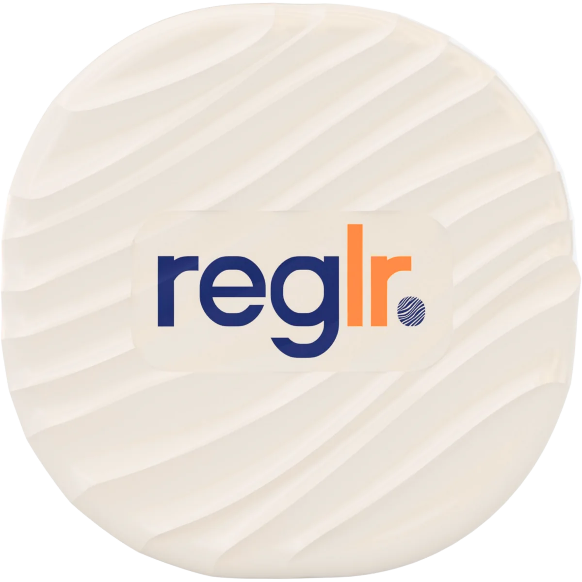 Product render: reglr thermostat from the front with wave-textured cap and reglr logo